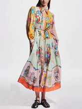 Unique Print Colorblock Balloon Sleeve Belt Shirt Midi Dress Mssaz Desses