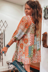 Orange Boho Paisley Mixed Print 3/4 Sleeve Chiffon Loose Dress Mssaz Desses