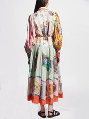 Unique Print Colorblock Balloon Sleeve Belt Shirt Midi Dress Mssaz Desses