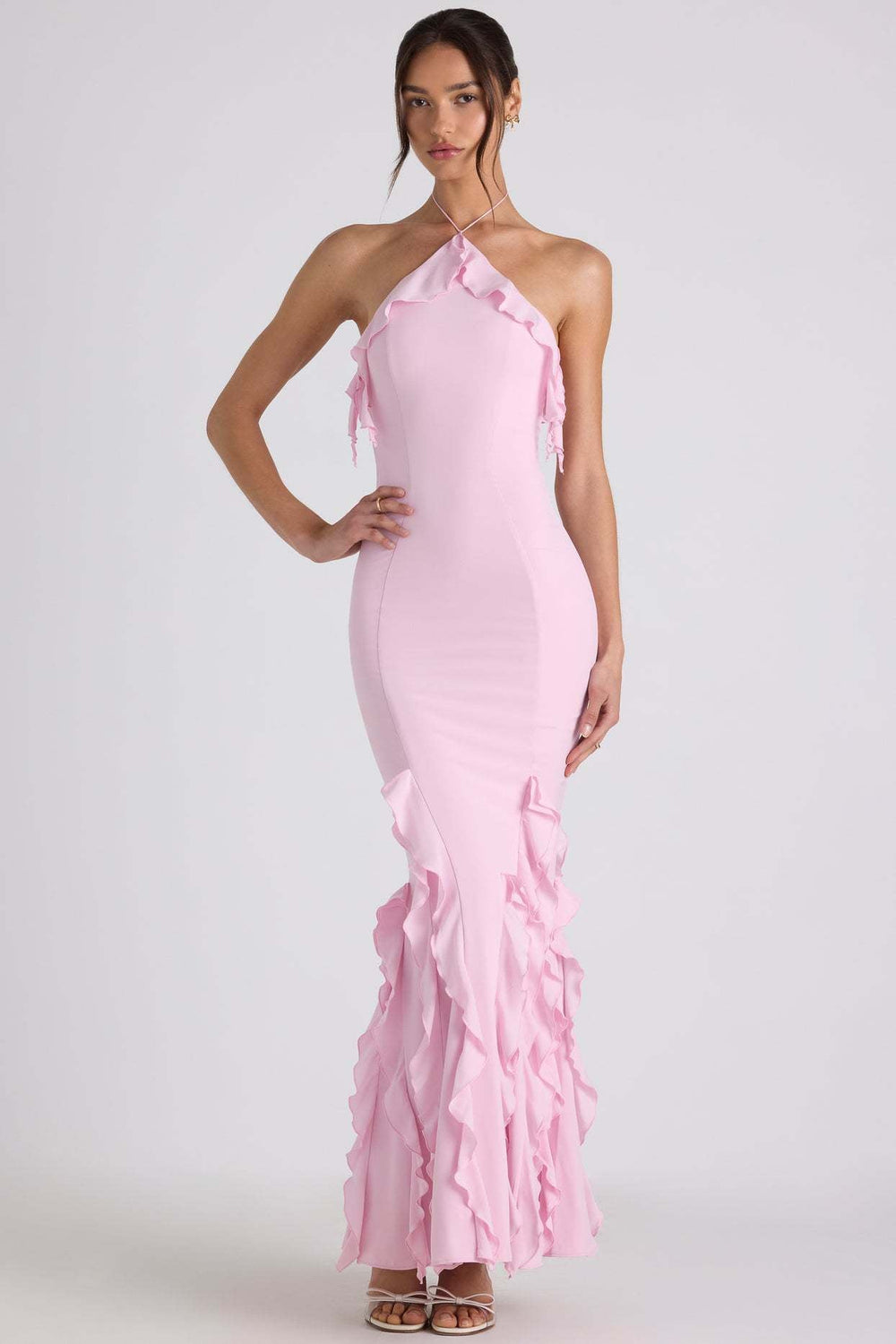 Ruffle-Trim Halterneck Evening Maxi Dress Mssaz Desses