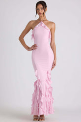 Ruffle-Trim Halterneck Evening Maxi Dress Mssaz Desses