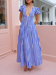 Bubble Sleeve In Stripe Wavy Maxi Dress Mssaz Desses