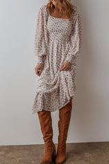 White Floral Print Shirred Ruffled Hem Square Neck Midi Dress Mssaz Desses
