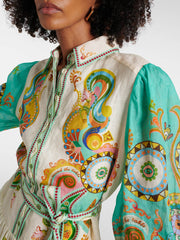 Unique Exquisite Print Puff Sleeve Tie Midi Dress Mssaz Desses