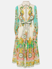 Unique Exquisite Print Puff Sleeve Tie Midi Dress Mssaz Desses
