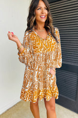 Orange Bohemian Print Puff Sleeve Tied V Neck Flared Mini Dress Mssaz Desses