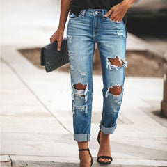 mid rise straight leg ripped jeans cuffed jeans with holes Mssaz Desses