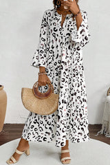 White Leopard Print Notch V Neck Loose Fit Maxi Dress Mssaz Desses