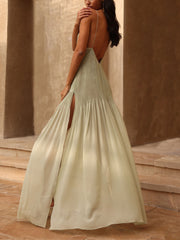 Ethereal Elegance Pleated Patchwork Slit Maxi Dress Mssaz Desses
