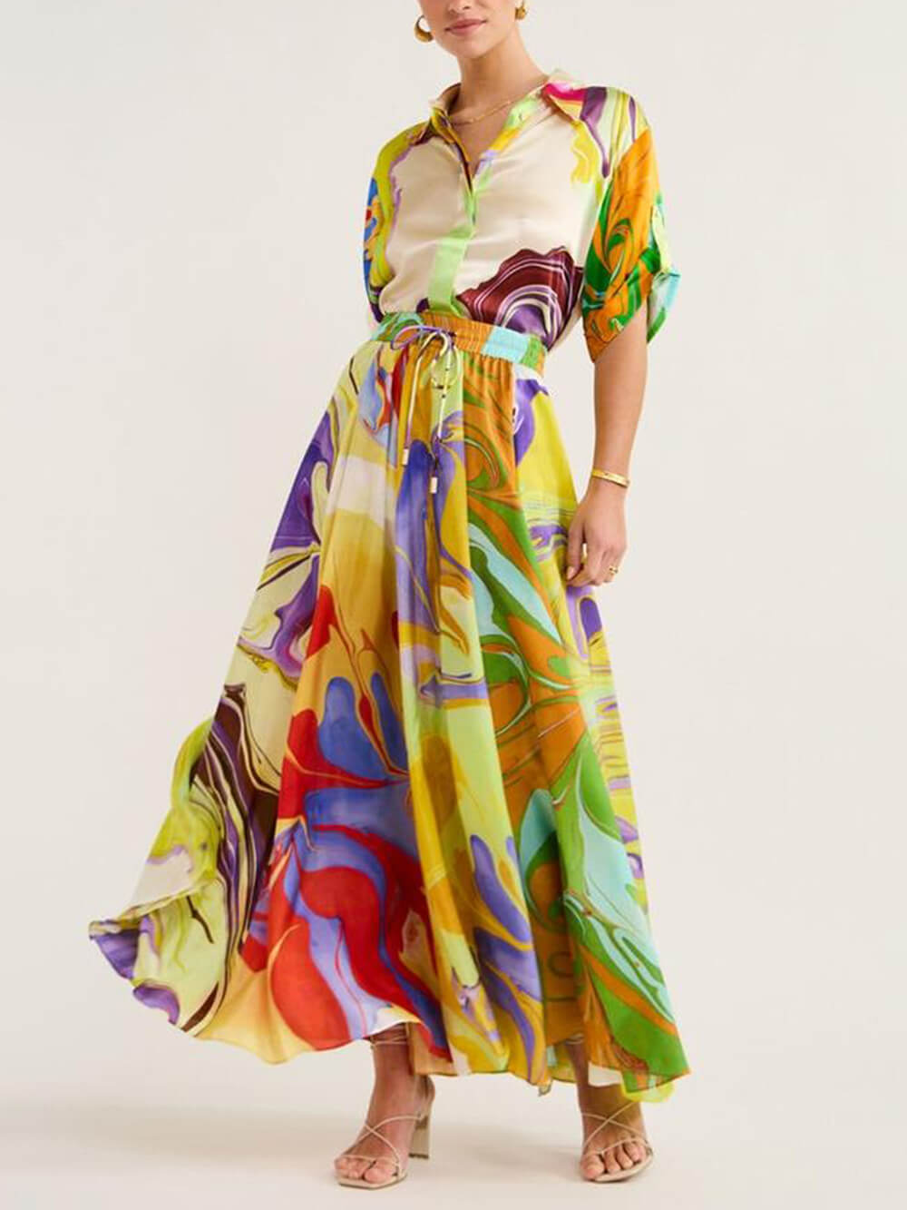 Modern Printed Satin Blouse and Skirt Set Mssaz Desses