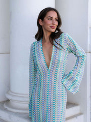 Boho V Neck Bell Sleeve Wavy Striped Crochet Beach Vacation Maxi Dress Blue Mssaz Desses