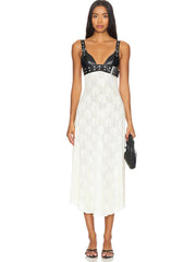 Floral Lace & Leather Midi Dress Mssaz Desses