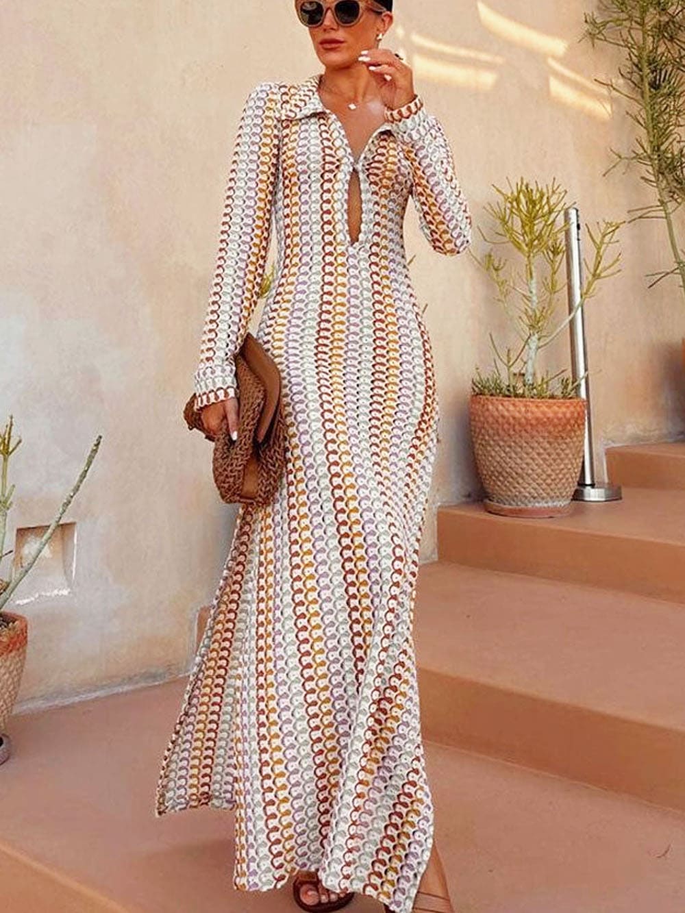Boho Collared V Neck Split Wavy Striped Crochet Beach Vacation Maxi Dress Brown Mssaz Desses