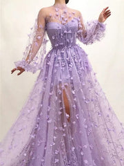 Autumn New Long Sleeve Purple Appliques Slim Prom Dress Mssaz Desses