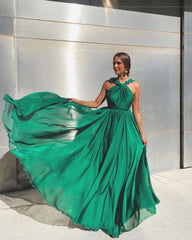 Sleeveless Green A Line Backless Prom Dresses Mssaz Desses