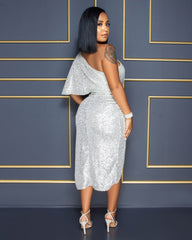 Solid Sequins One Puff Sleeve Celebrity Party Midi Dress Mssaz Desses