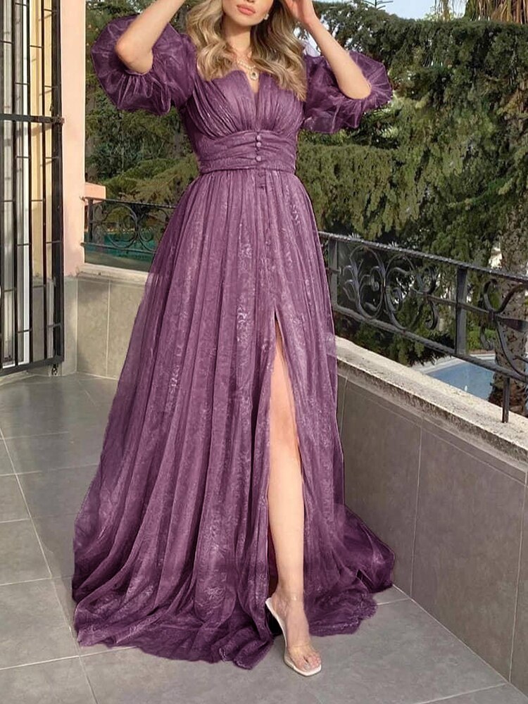 New Style Lace Purple Mesh Half Sleeved Prom Dresses Mssaz Desses