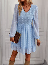 Hollow Solid Ruffles A-line V-neck Elastic Waist Mini Dress Mssaz Desses