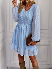 Hollow Solid Ruffles A-line V-neck Elastic Waist Mini Dress Mssaz Desses