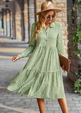 Plaid Print A-line Long Sleeve Shirt Dress Mssaz Desses