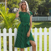 New Polka Dots Sleeveless Pleated For High Waist Elegant Office Green Lady Dinner Party Clothes Midi Dress Mssaz Desses