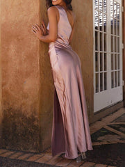 Temperament Slim Fit One Shoulder Split Satin Dress Mssaz Desses