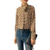 Vintage Covered Button Office Lady Slight Stretch Printed Shirts Mssza