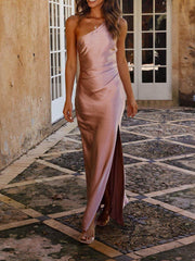 Temperament Slim Fit One Shoulder Split Satin Dress Mssaz Desses