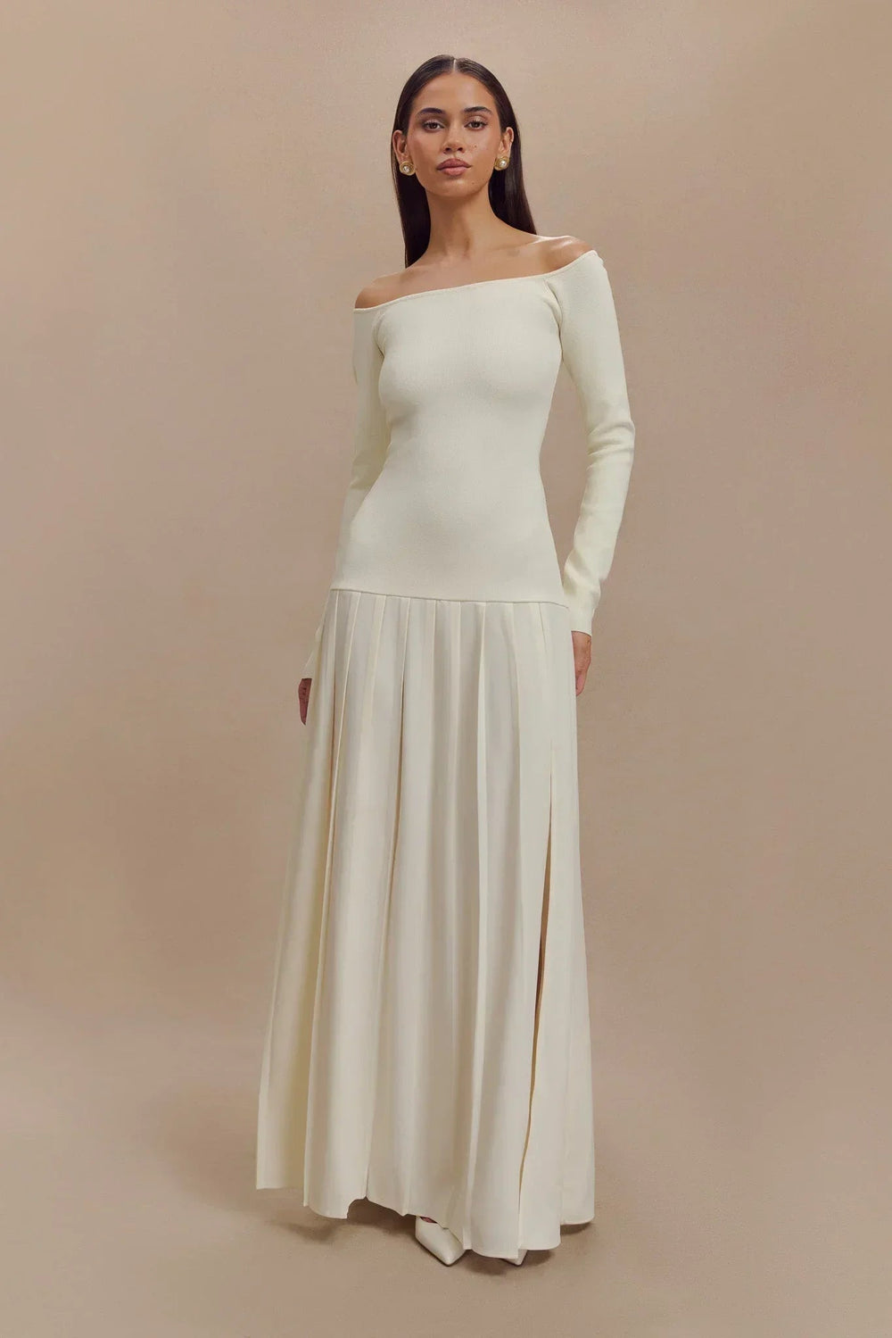 Knit Off Shoulder Maxi Dress Ivory Mssaz Desses