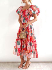 Floral Printed Smocked Tiered Fit Flare Midi Dress Mssaz Desses