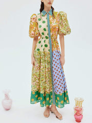 Exquisite Retro Floral Print Puff Sleeve Midi Dress Mssaz Desses