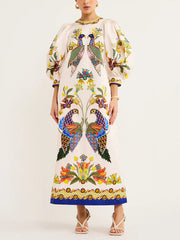 Exquisite And Fun Printed Puff Sleeves Loose Casual Midi Dress Mssaz Desses