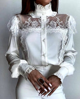 Vintage Lace Decoration Mesh Button Lantern Sleeves Shirts Mssza