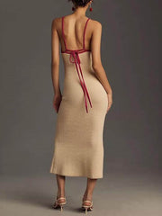Knitted Suspender Halterneck V-Neck Backless Midi Dress Mssaz Desses