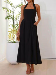 Halter Neck Waist Little Black Dress Mid Length Dress Mssaz Desses