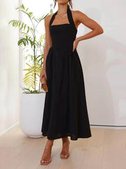 Halter Neck Waist Little Black Dress Mid Length Dress Mssaz Desses
