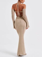 Backless Suspender Slim Hollow Long Sleeve Dress Mssaz Desses
