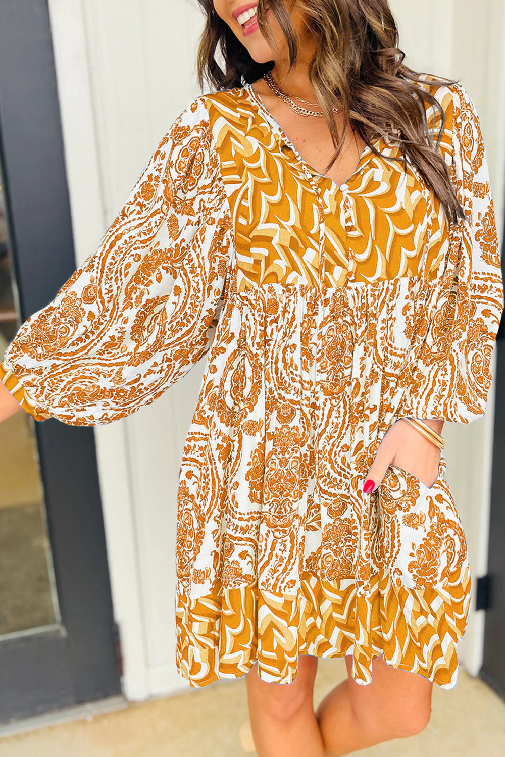 Orange Bohemian Print Puff Sleeve Tied V Neck Flared Mini Dress Mssaz Desses