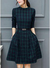 dress autumn outfit plaid print long sleeve o neck belted outfit Mssaz Desses