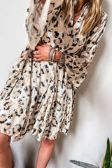 Khaki Leopard Print Buttoned Front 3/4 Sleeve Tiered Ruffled Hem Dress Mssaz Desses