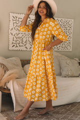 Yellow Flower Print Bracelet Sleeve Buttons Collared Maxi Dress Mssaz Desses
