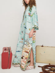 Modern Satin Art Island Print Slit Maxi Dress Mssaz Desses