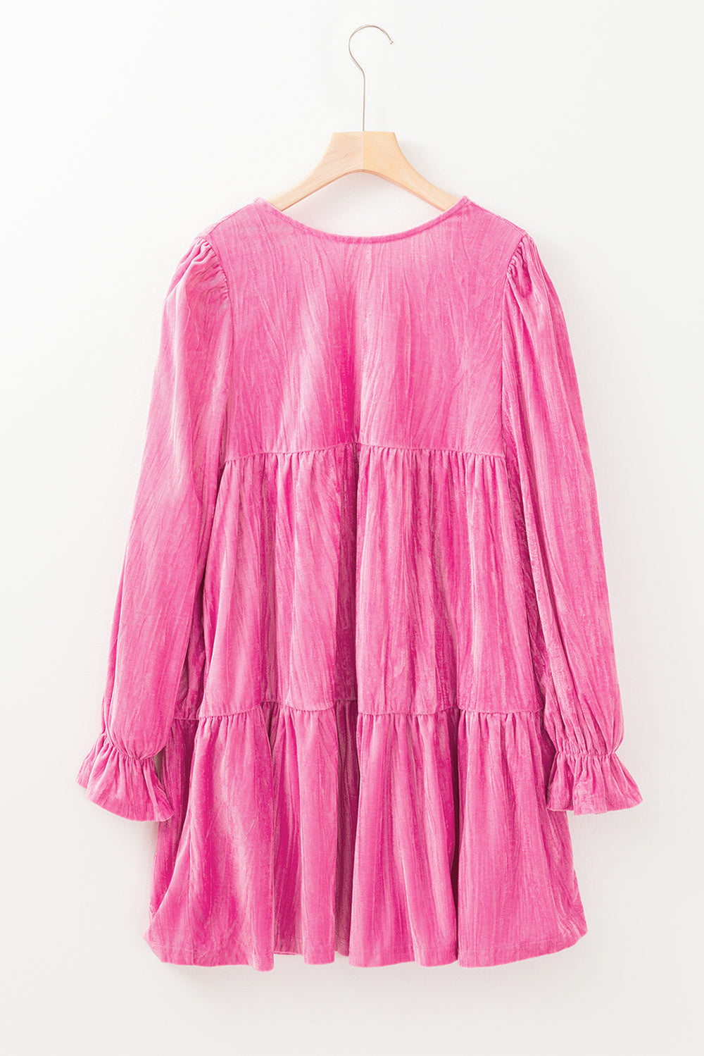 Strawberry Pink Flounce Sleeve Tiered Ruffled Velvet Mini Dress Mssaz Desses