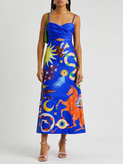 Satin Backless Printed Sleeveless Midi Dress Mssaz Desses