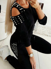 Acrylic Casual Long Sleeves Jewel Neck Pearls Top With Pants Mssza