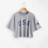 American Flag Print Casual Letter Short Tops Mssza