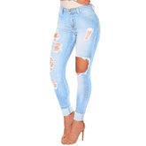 Ankle Cuffed Worn and Cut Denim Skinny Jeans Mssza