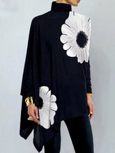 Asymmetric Floral Printed High Neck Long Sleeves Loose Split-Joint Casual T-Shirts Mssza