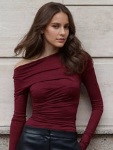 Asymmetrical One Shoulder Long Sleeve Pleated Crop Top Mssza