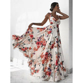 Floral Print Vacation Sleeveless V-Neck Backless Beach Dress Mssaz Desses